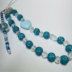 Blue Beaded phone chain with Heart Pendant